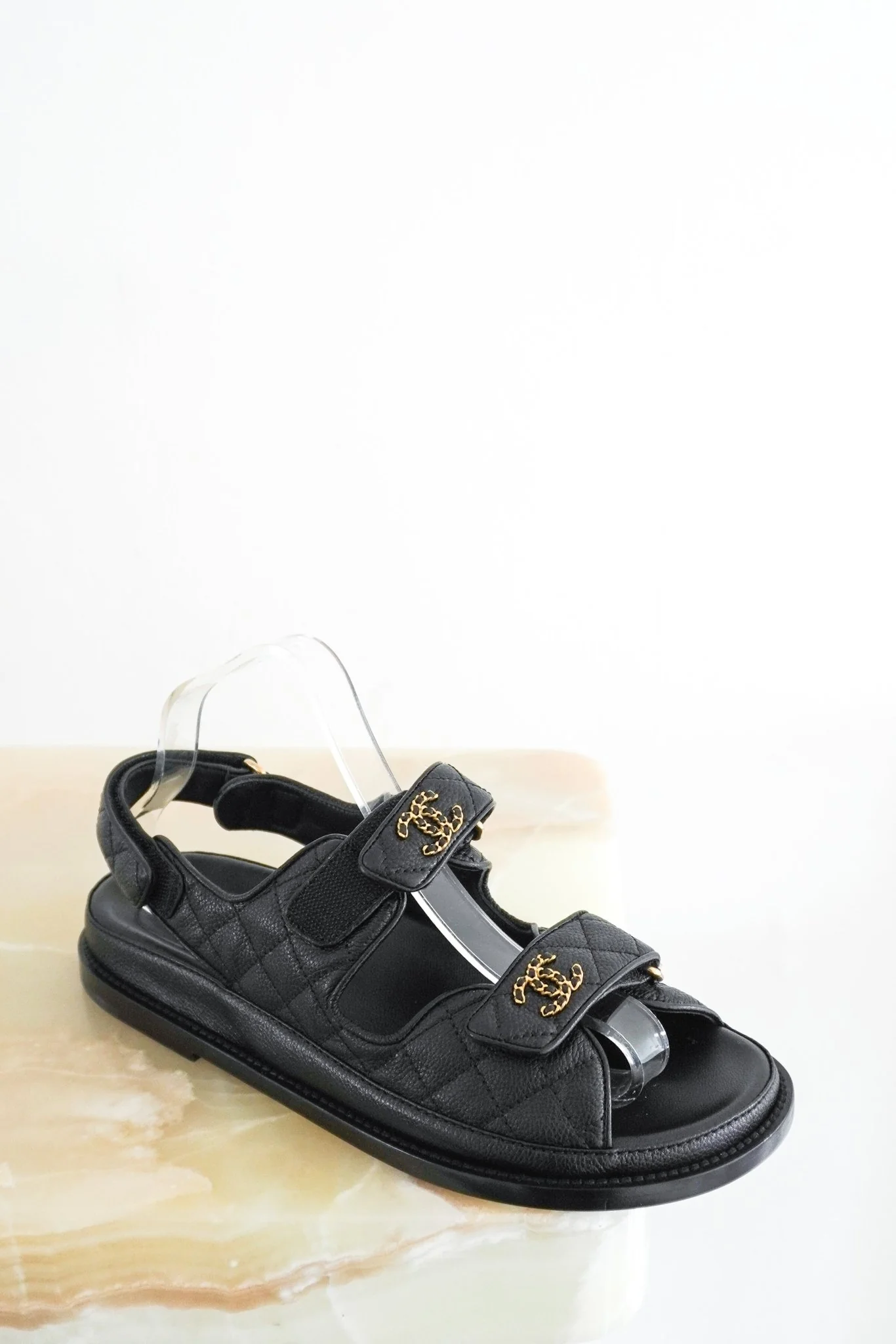 NEW Chanel Black and Gold Quilted Dad Sandals RRP £1300 | Authentic Preloved