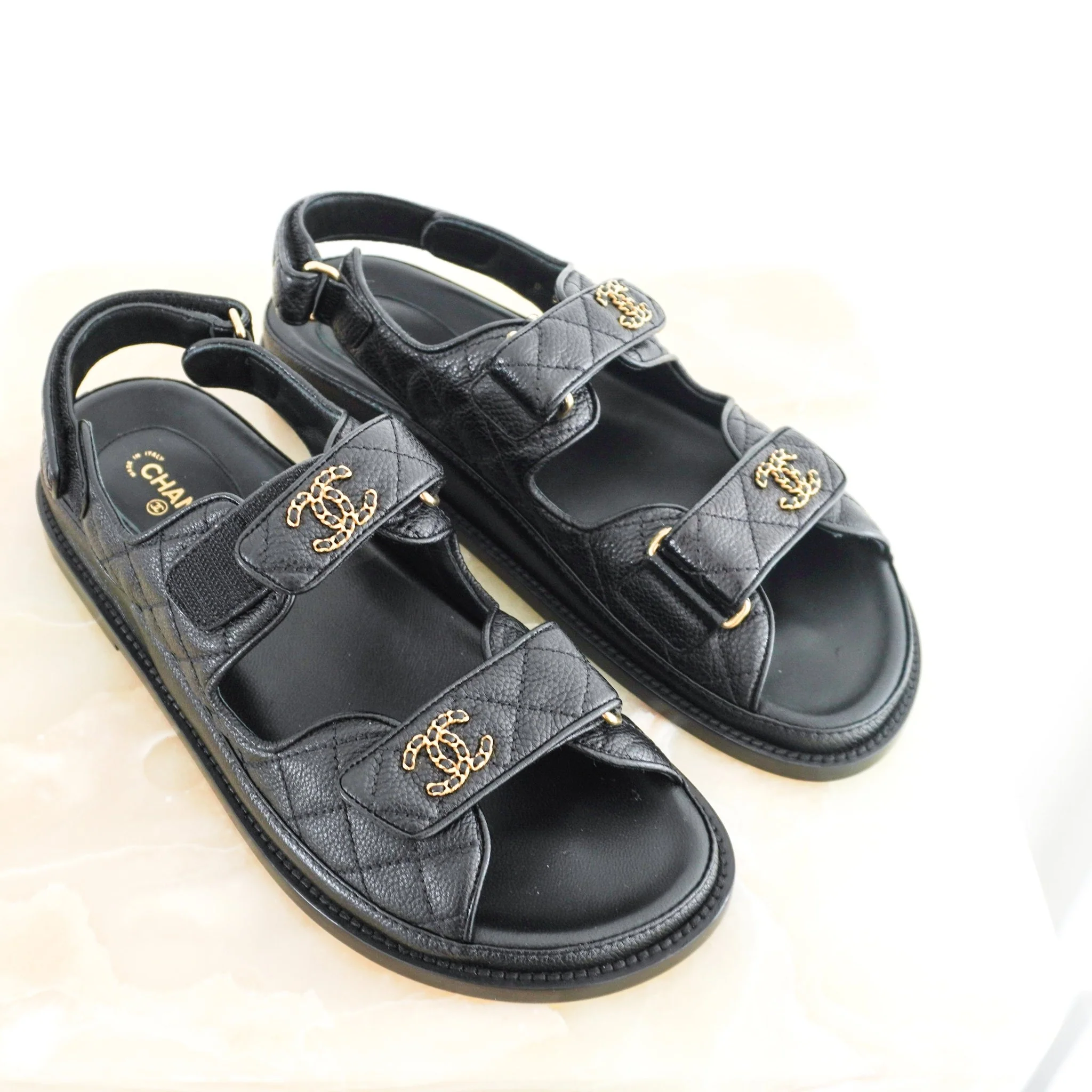 NEW Chanel Black and Gold Quilted Dad Sandals RRP £1300 | Authentic Preloved - Image 2
