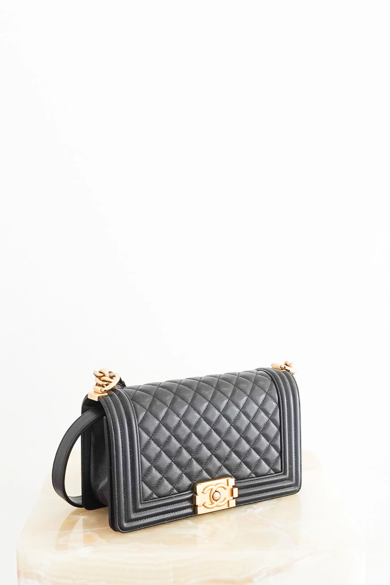 Chanel Medium Boy Bag in black caviar leather with gold CC clasp RRP £6,000 | Authentic Preloved