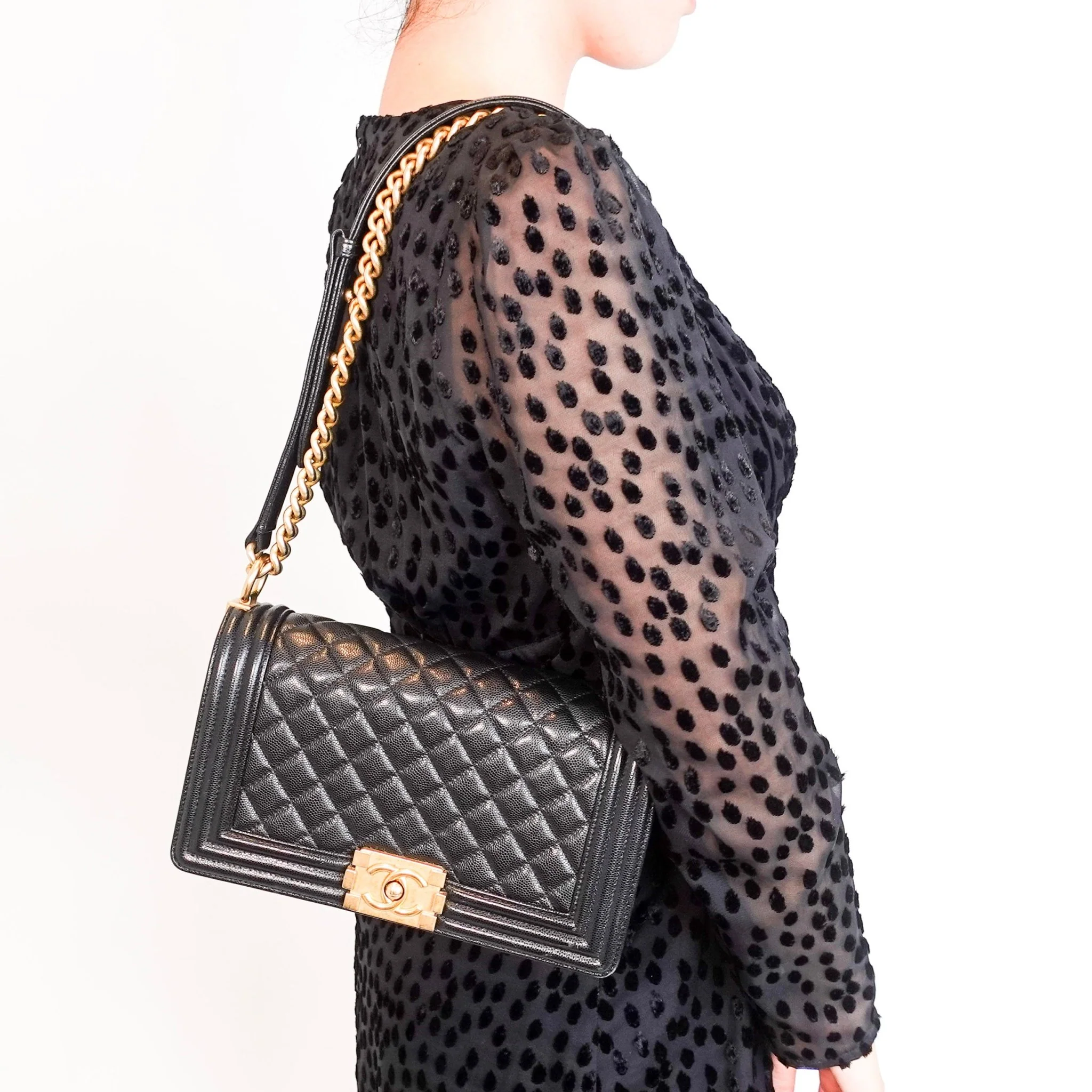 Chanel Medium Boy Bag in black caviar leather with gold CC clasp RRP £6,000 | Authentic Preloved - Image 11
