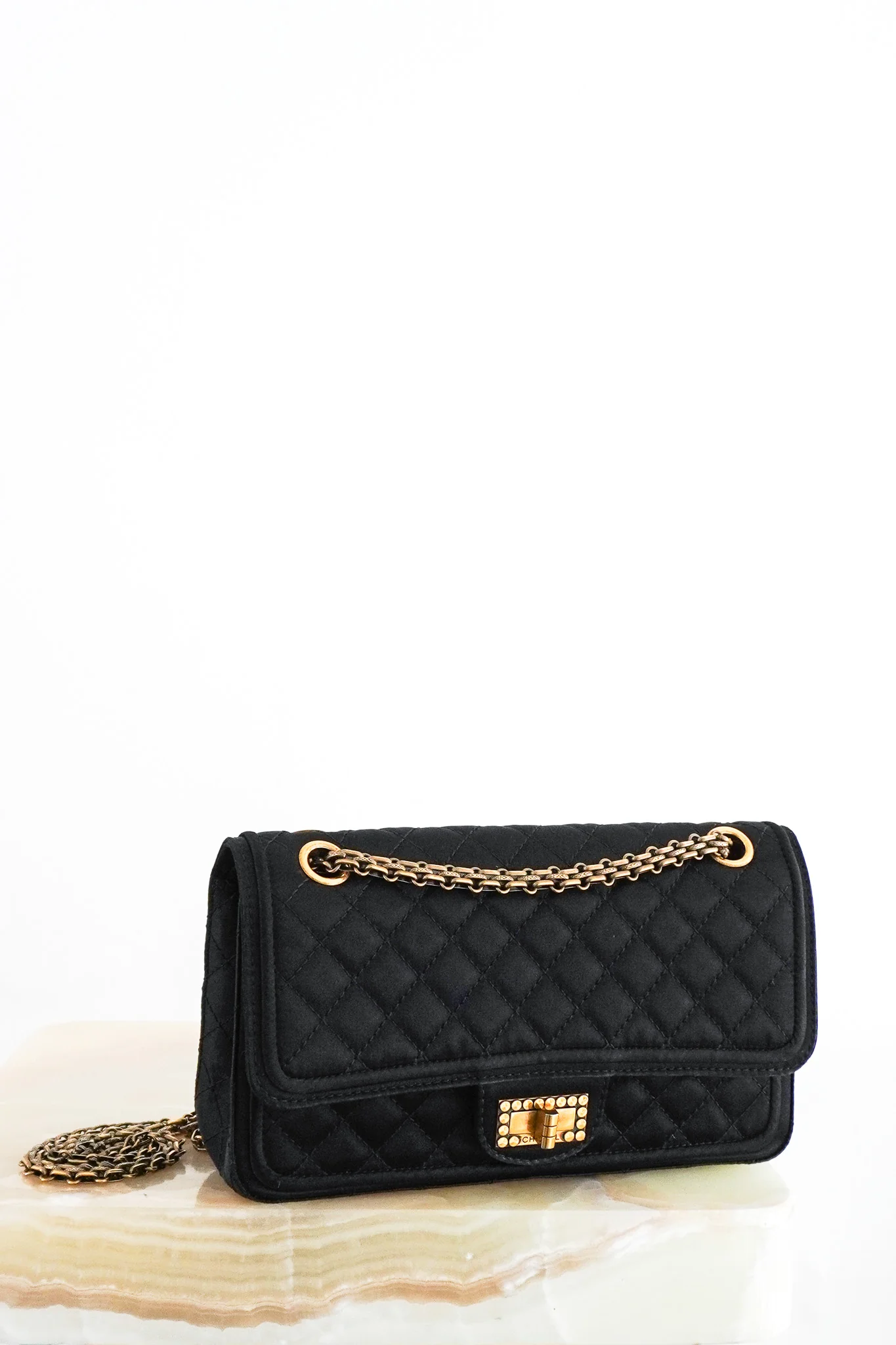 Chanel 2.55 Reissue Double Flap Bag in Black Satin with Aged Gold Hardware RRP £8850 | Authentic Preloved