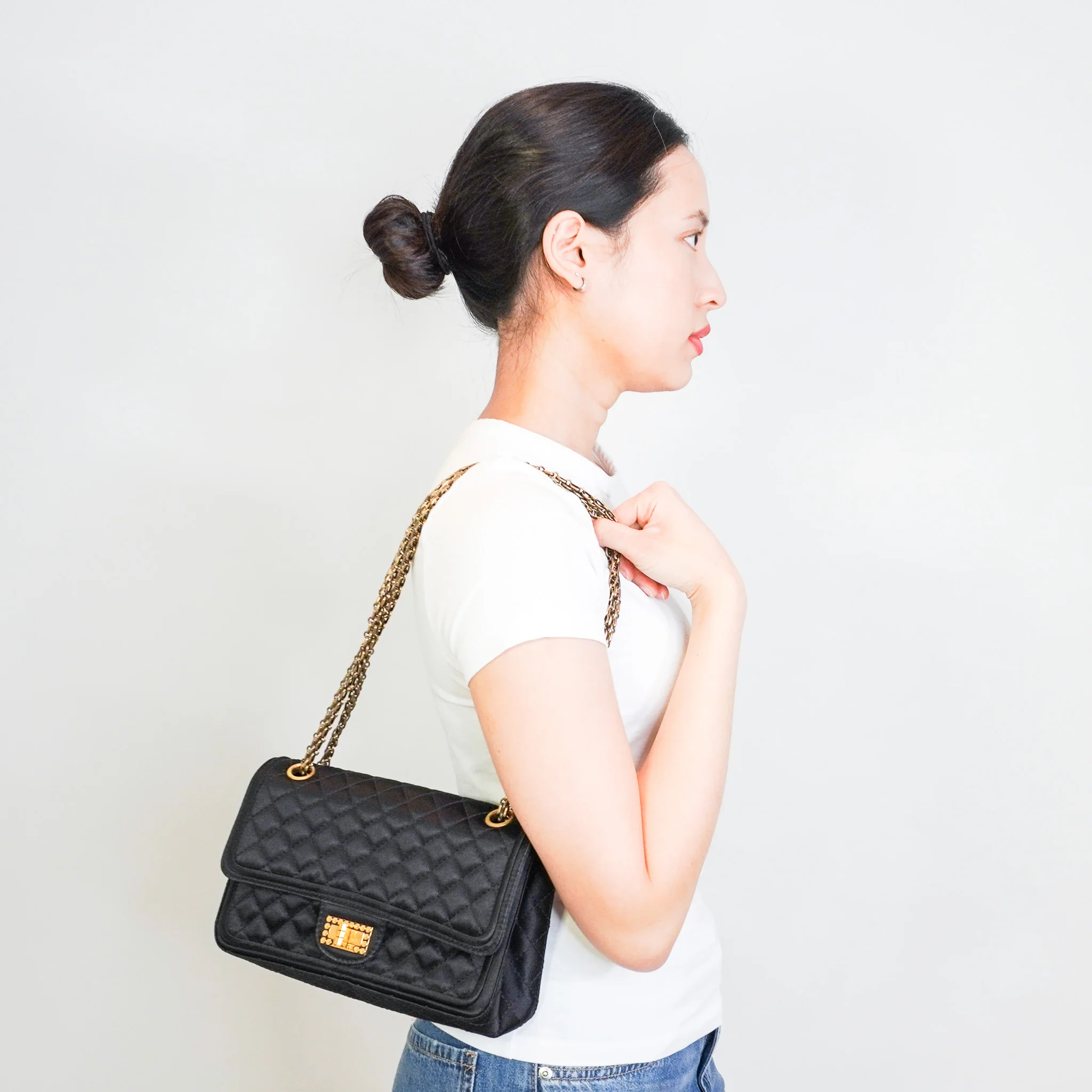 Chanel 2.55 Reissue Double Flap Bag in Black Satin with Aged Gold Hardware RRP £8850 | Authentic Preloved - Image 10