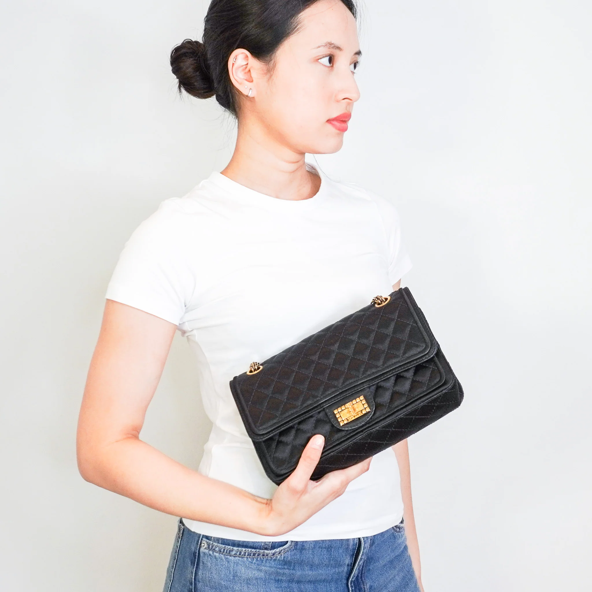 Chanel 2.55 Reissue Double Flap Bag in Black Satin with Aged Gold Hardware RRP £8850 | Authentic Preloved - Image 12