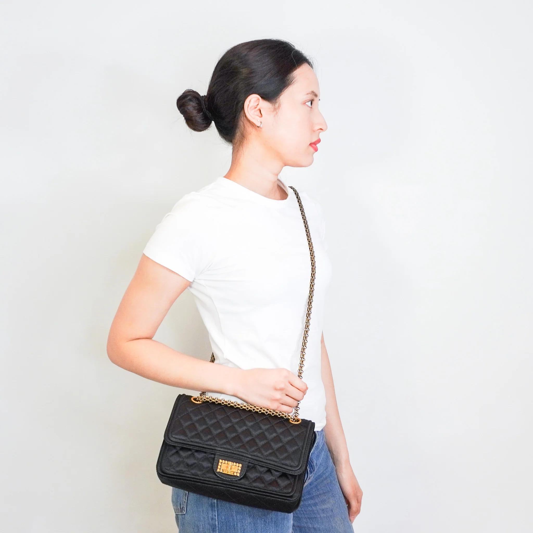 Chanel 2.55 Reissue Double Flap Bag in Black Satin with Aged Gold Hardware RRP £8850 | Authentic Preloved - Image 3