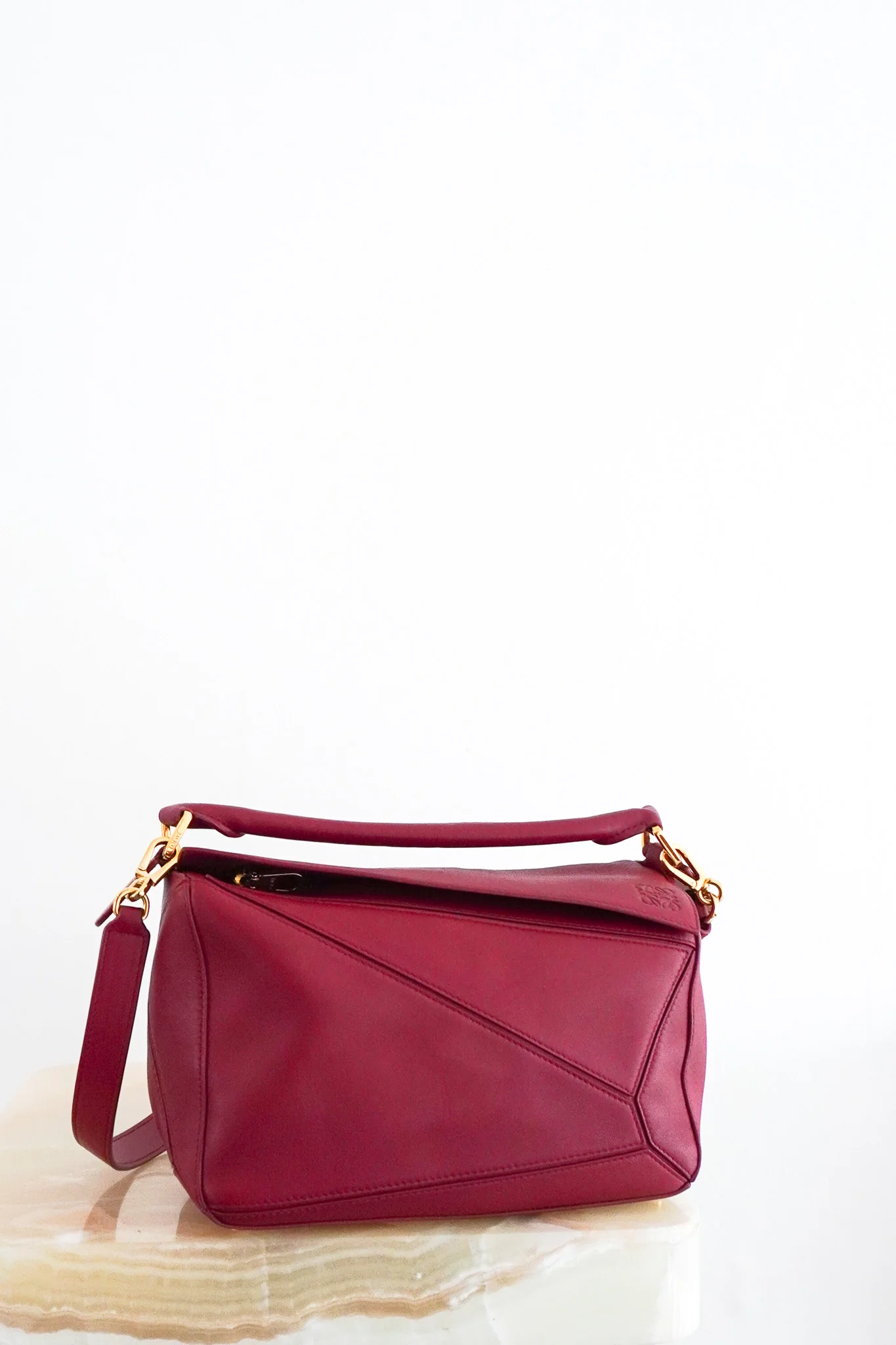 CURRENT SEASON Loewe Small Leather Featherlight Puzzle Top-Handle Bag in Burgundy RRP £3250 | Authentic Preloved