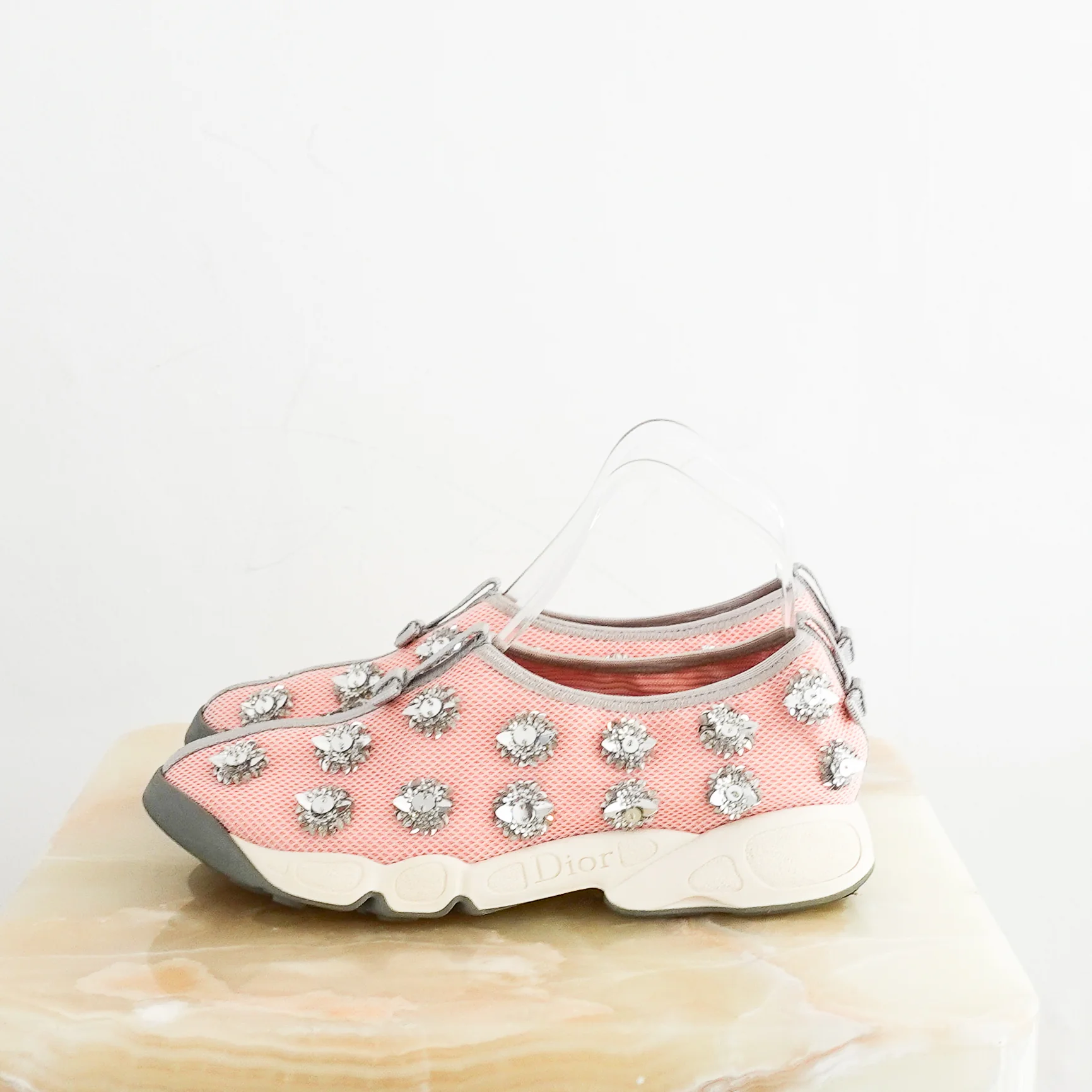 Dior Pink Embellished Swarovski Trainers with Grey Bows RRP £700 | Authentic Preloved - Image 4