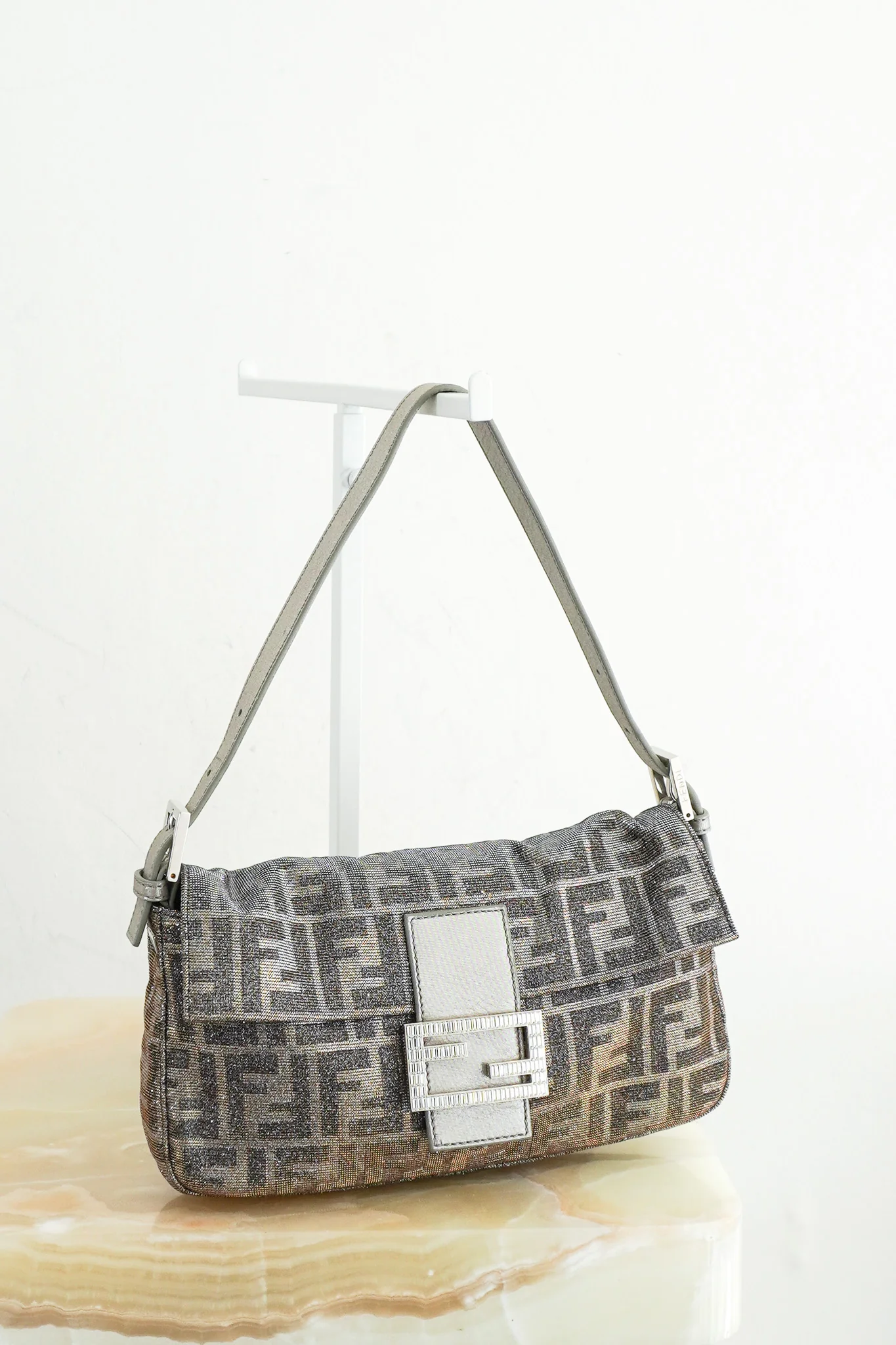 Fendi Zucca Baguette Shoulder Bag in Silver Lamé | Authentic Preloved