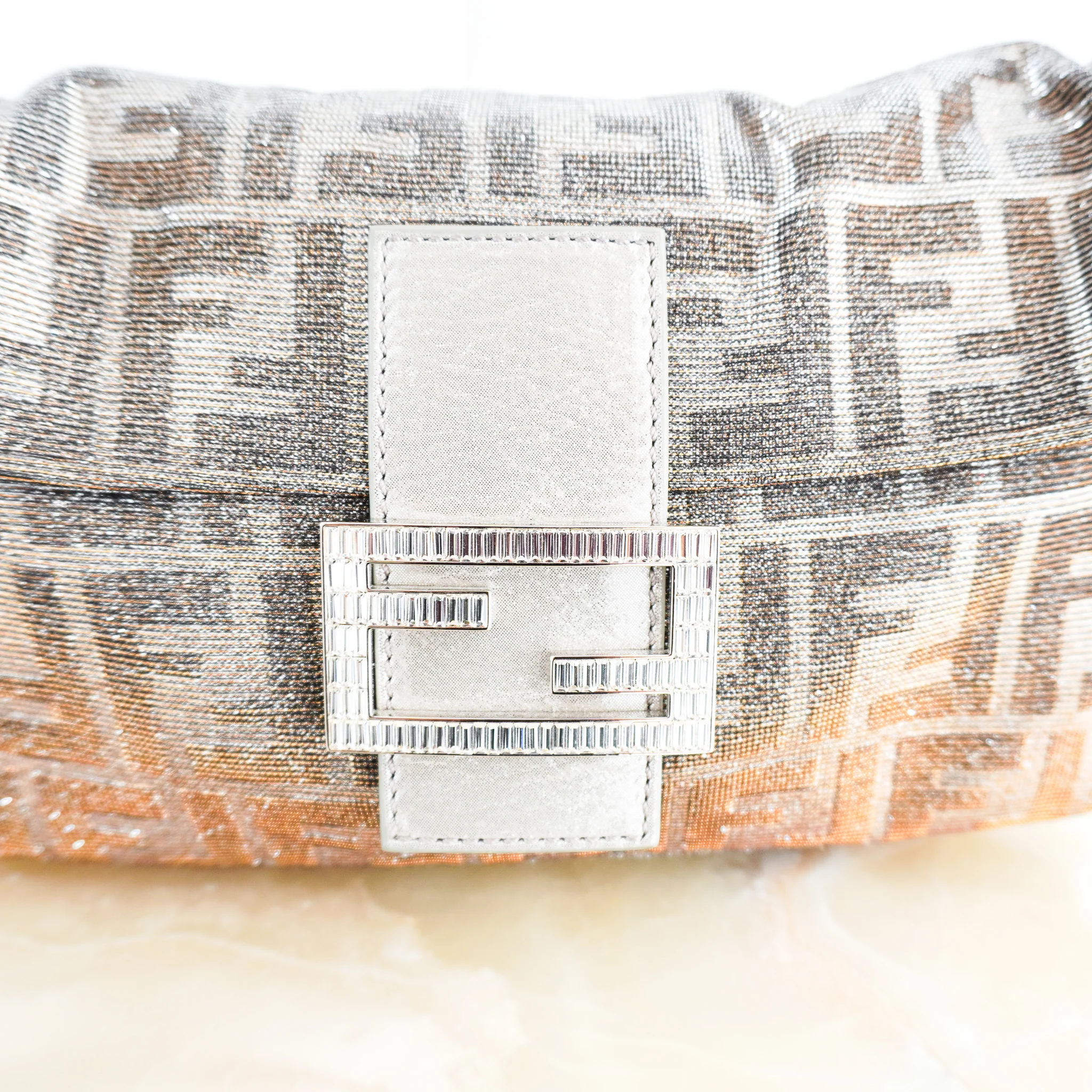 Fendi Zucca Baguette Shoulder Bag in Silver Lamé | Authentic Preloved - Image 3