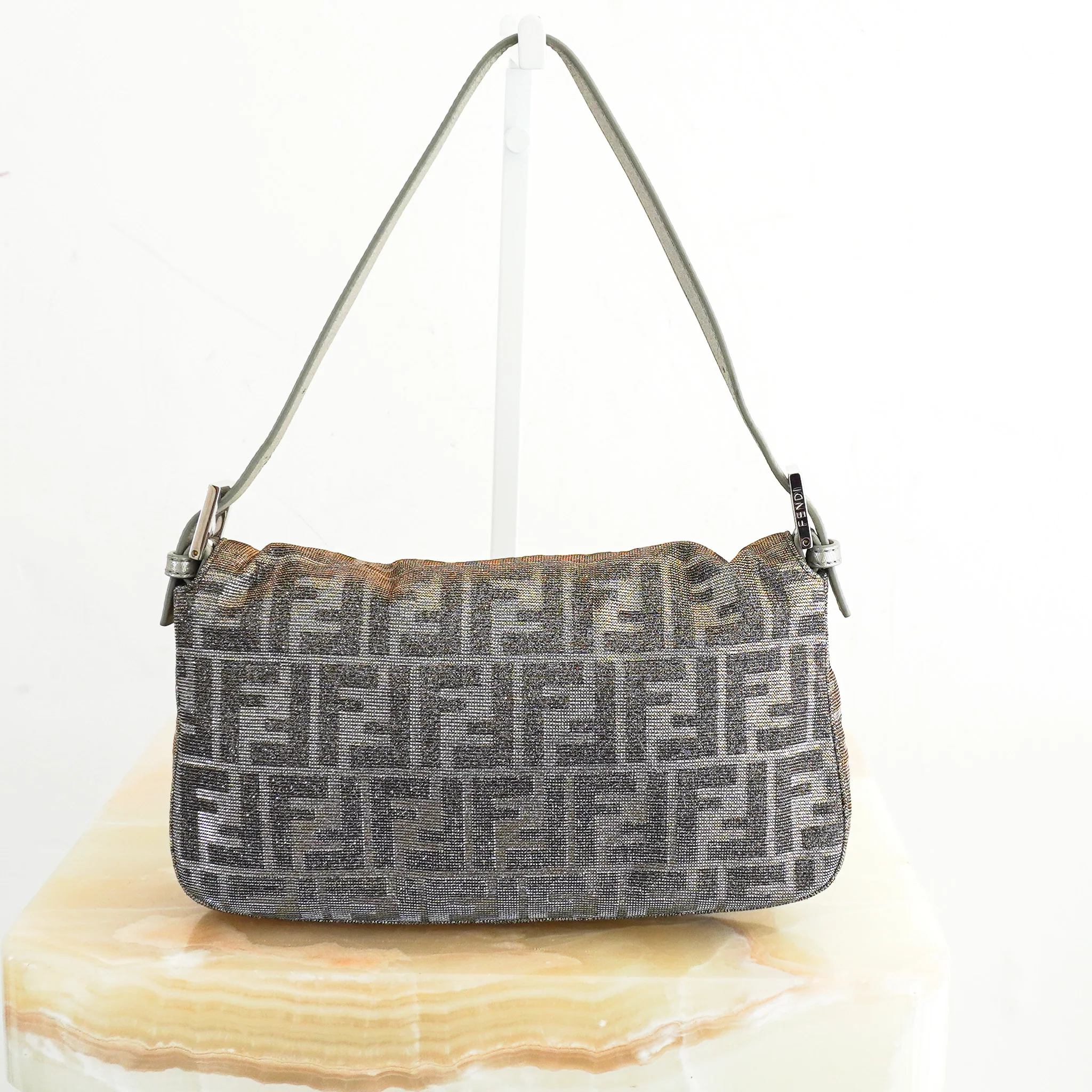 Fendi Zucca Baguette Shoulder Bag in Silver Lamé | Authentic Preloved - Image 4