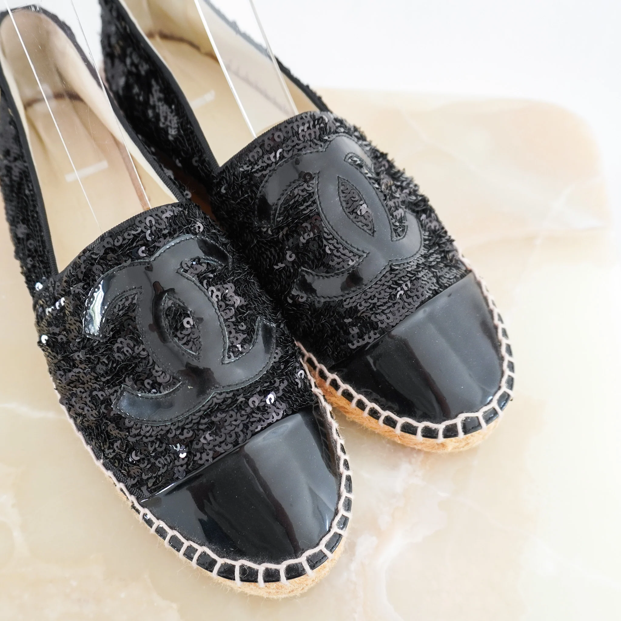 Chanel Sequin Patent CC Espadrilles in Black RRP £850 | Authentic Preloved - Image 3